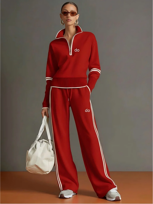2026 Women's Casual Sports Set - European and American Fashion Color Contrast Stand up Hoodie - Wide Leg Pants Two Piece Set