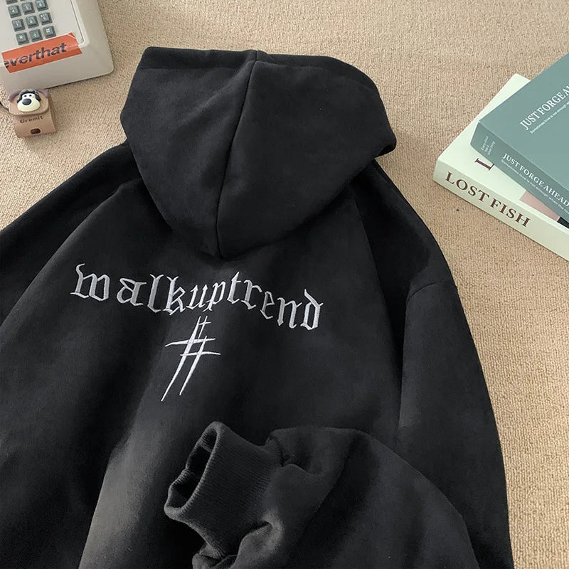 Heavyweight Suede Hoodie Men's Autumn Winter Fashion Brand Handsome American Oversize Loose Fit Coat Polyester Fiber Long Sleeve