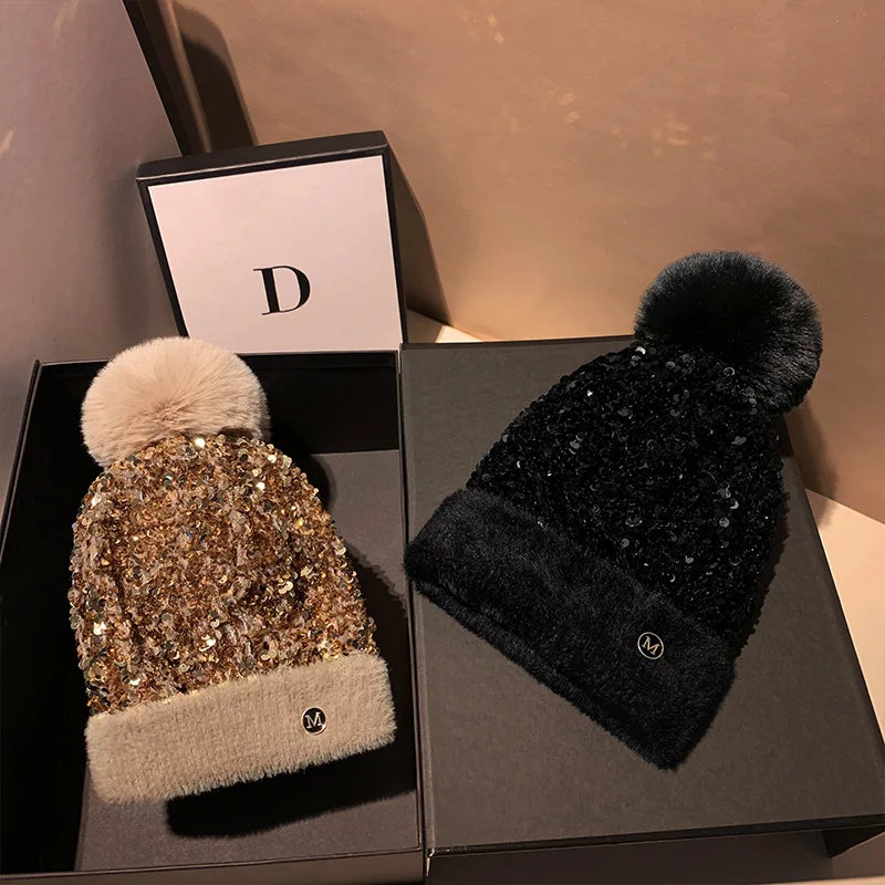 Winter Warm Knitted Hat Autumn/Winter Korean Versatile Glitter Sweet and Cute Dome Ear Protector Knitted Hat
