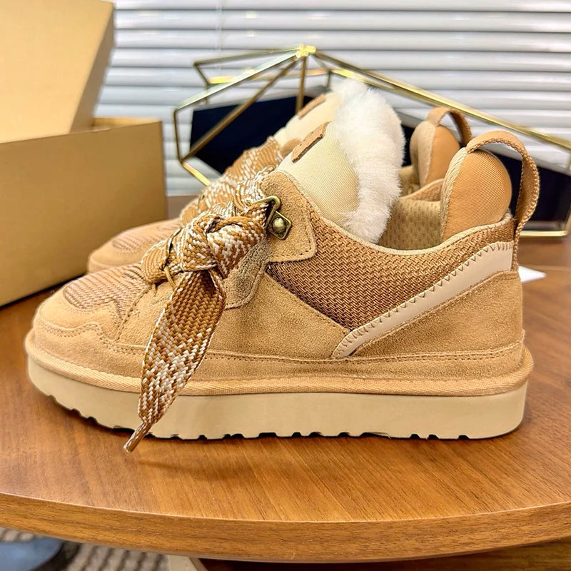 Lowmel Sneakers 2026 New Winter Warm Wool Women's Boots Fashionable Flat Bottom Genuine Leather and Fur Snow Boots