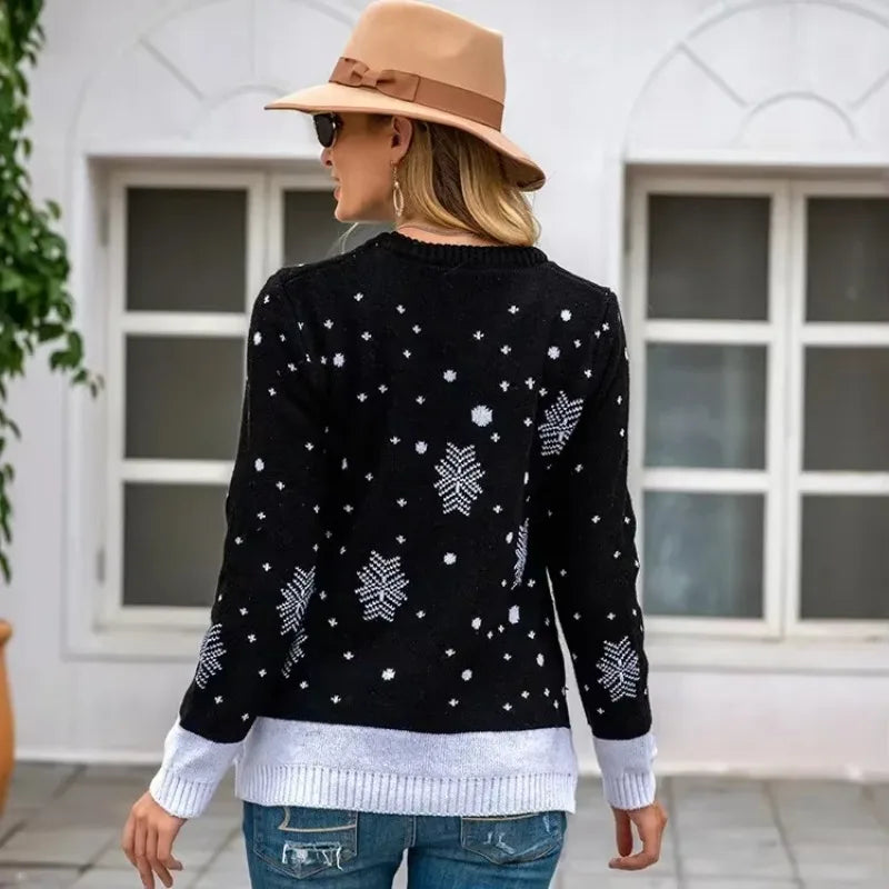 Christmas Printed Loose Jacquard Sweater Women Casual O Neck Full Sleeve Knitted Jumpers Autumn Winter Chic Lady Street Pullover