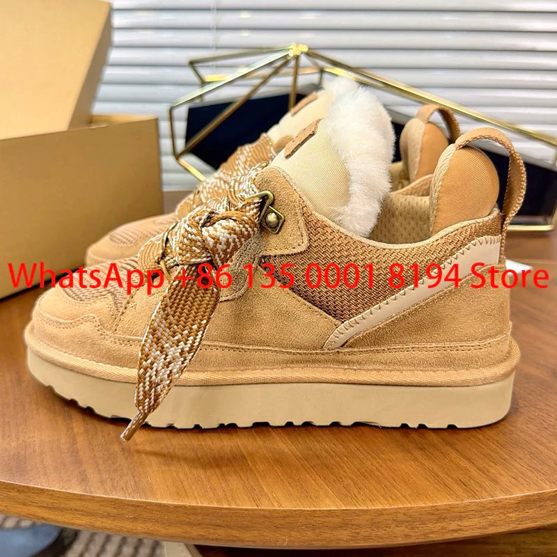 Lowmel Sneakers 2026 New Winter Warm Wool Women's Boots Fashionable Flat Bottom Genuine Leather and Fur Snow Boots