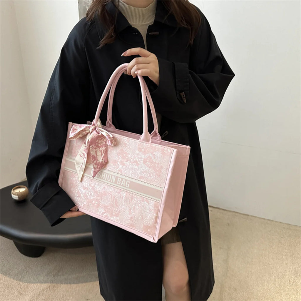 Luxury Elegant Women Tote Bag Embroid Bouquet Pattern PU Leather Tote Bag Letter Scarf Handbag for Commute Shopping