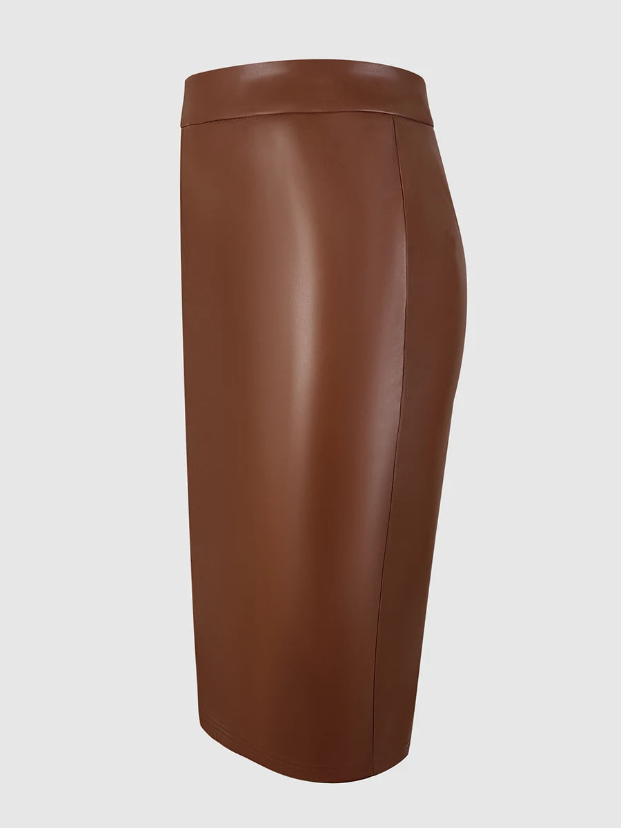 Women Elegant High Waist PU Leather Pencil Midi Skirt Office Lady Workwear Bodycon Slim Faux Leather Skirts Solid Color Brown