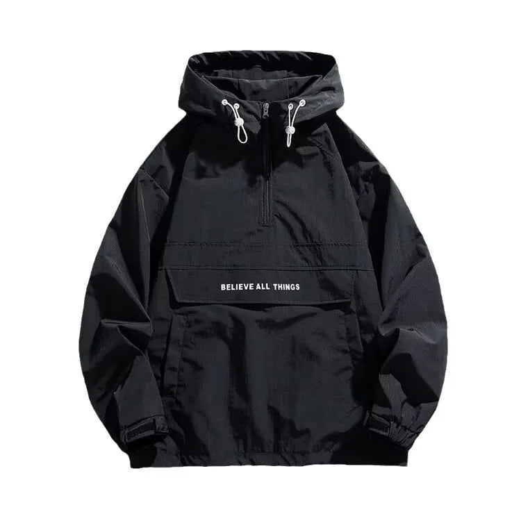 Hooded Pullover Jacket Men's Casual Windbreaker Jacket with Multiple Pockets Outdoor Sports Jacket Half Zip Hooded Hard Shell