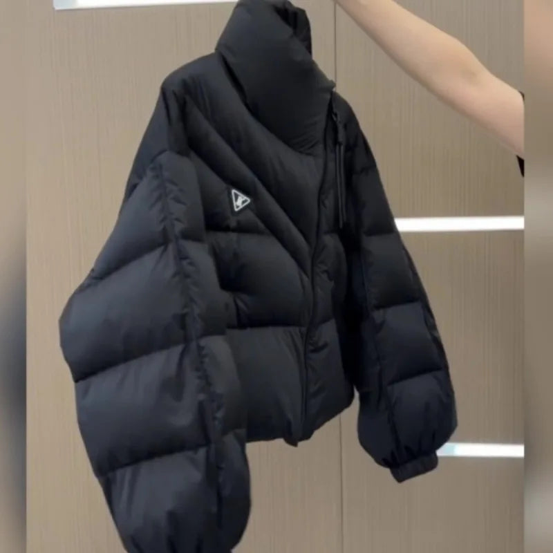 New Cotton Women Winter Warm Short Puff Jacket Korean Design Irregular Cotton Coat Trend Loose Thicken Parkas Tide Black White