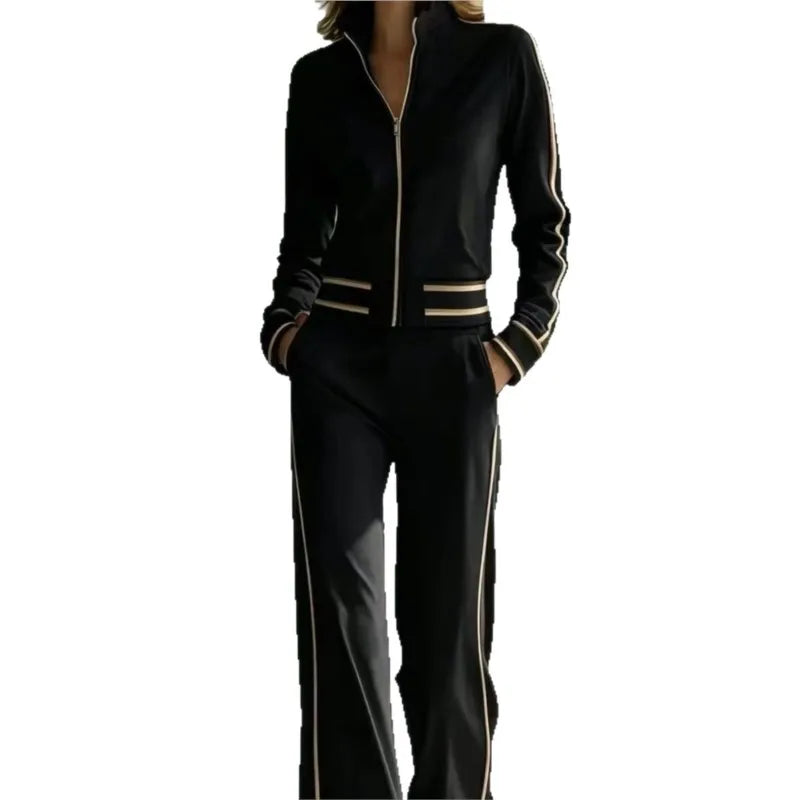Fall Pocket 2-Piece Suit Women's Retro Stripes Zip Bomber Jacket+High Waist Women's Wide Leg Pants Set Street Sportswear Outfits