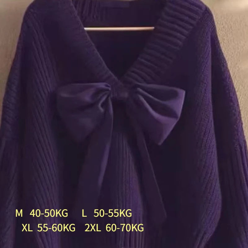 Big Bow Knitwear Sweater Pullover for Women Patchwork Red Christmas V-neck Batwing Sleeve Pullover Female Knit Elegant Pullove