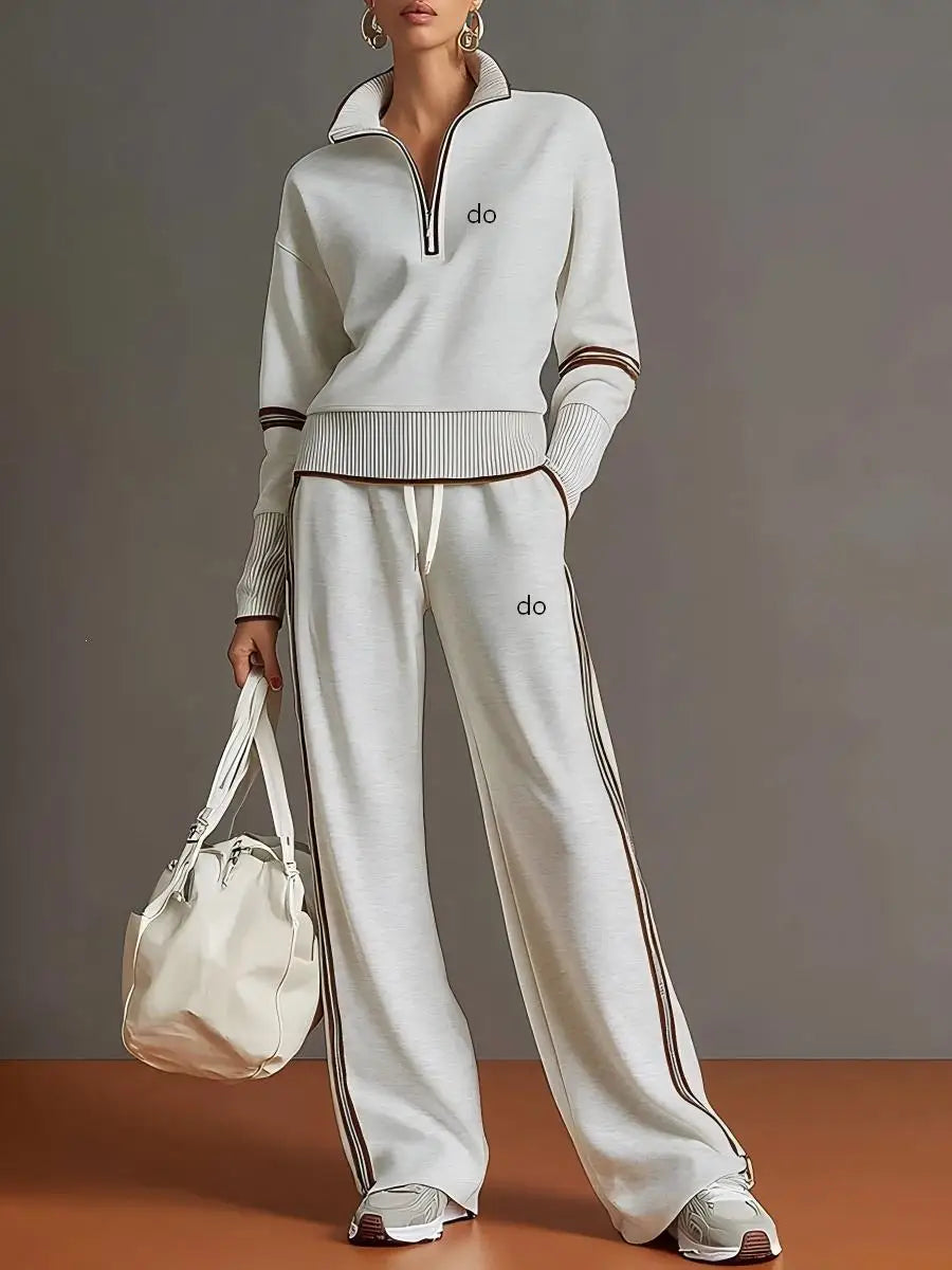 2026 Women's Casual Sports Set - European and American Fashion Color Contrast Stand up Hoodie - Wide Leg Pants Two Piece Set