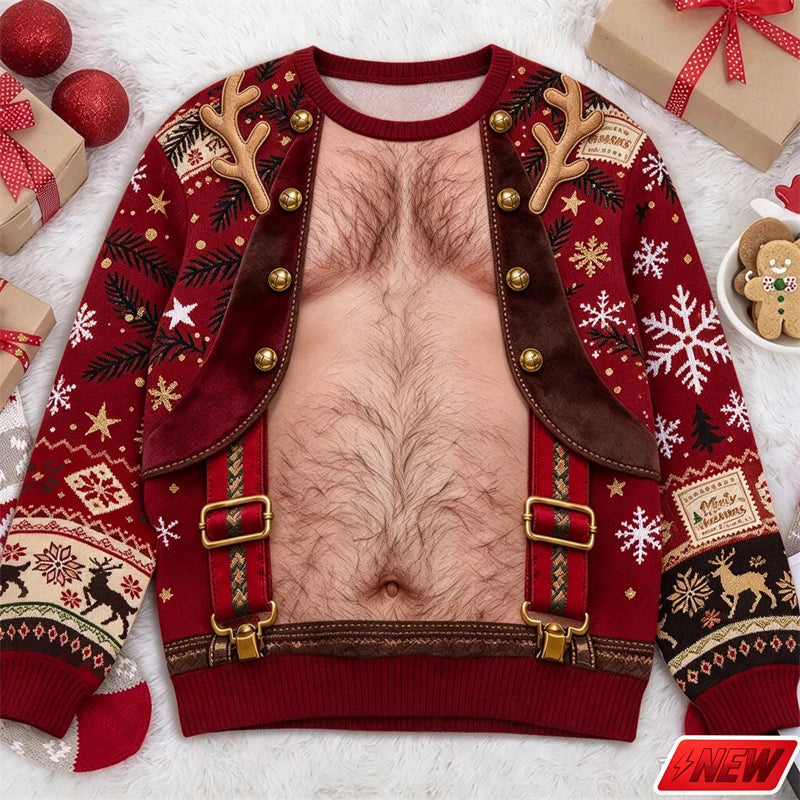 Xmas Sweatshirt Men Funny Cosplay 3D Print Fake Sweater Knit Reindeer Snowflake Pattern Festive Gift New Long Sleeve Sweatshirt