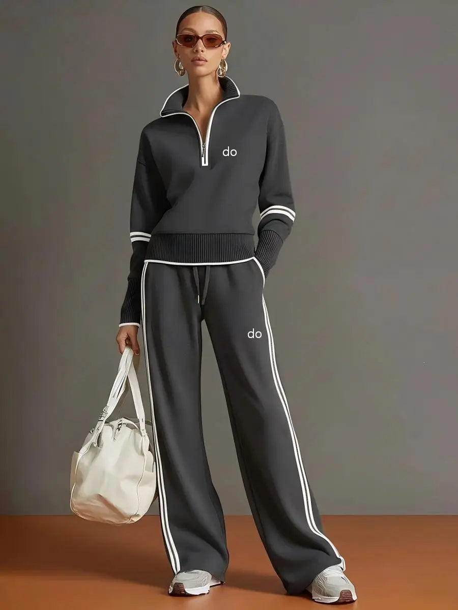 2026 Women's Casual Sports Set - European and American Fashion Color Contrast Stand up Hoodie - Wide Leg Pants Two Piece Set