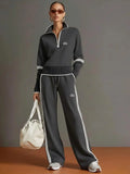 2026 Women's Casual Sports Set - European and American Fashion Color Contrast Stand up Hoodie - Wide Leg Pants Two Piece Set