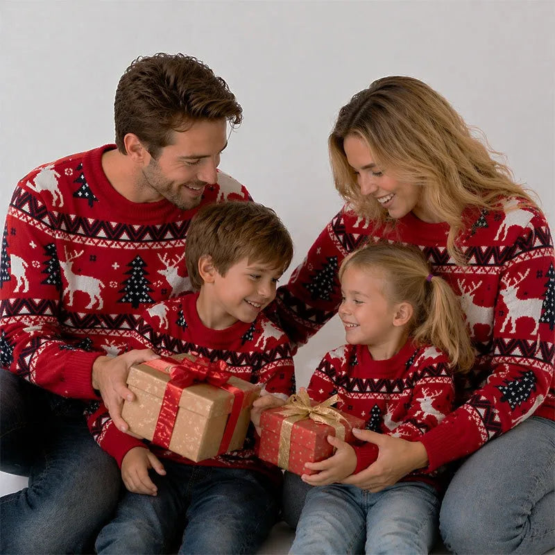 New Christmas Sweater Casual Warm Elk Printed Knitted Cute Xmas Tree Pullovers Festival Theme Party Parent Child Matching Outfit