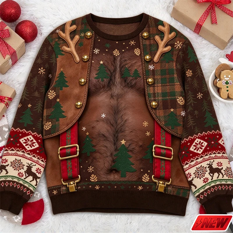 Xmas Sweatshirt Men Funny Cosplay 3D Print Fake Sweater Knit Reindeer Snowflake Pattern Festive Gift New Long Sleeve Sweatshirt