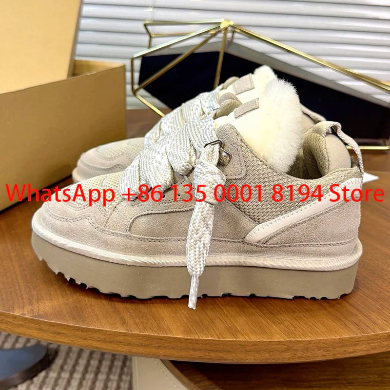 Lowmel Sneakers 2026 New Winter Warm Wool Women's Boots Fashionable Flat Bottom Genuine Leather and Fur Snow Boots