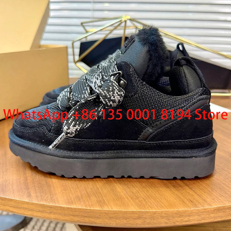 Lowmel Sneakers 2026 New Winter Warm Wool Women's Boots Fashionable Flat Bottom Genuine Leather and Fur Snow Boots