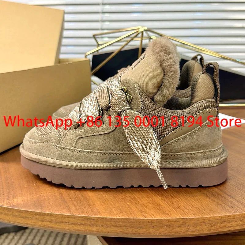 Lowmel Sneakers 2026 New Winter Warm Wool Women's Boots Fashionable Flat Bottom Genuine Leather and Fur Snow Boots