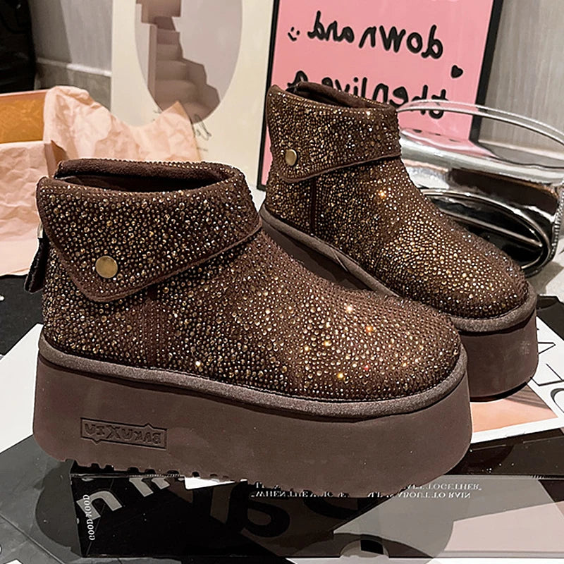 Women's Winter Boots Design Fashion Rhinestone Lapel Suede Brown Ankle Boots Plush Platform Non-slip Casual Winter Shoes Woman