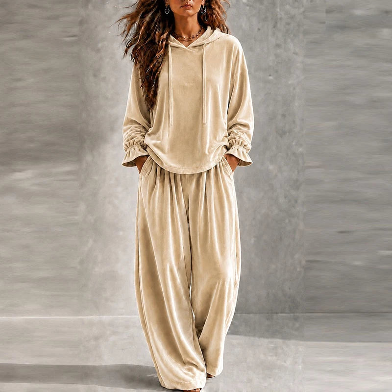 Autumn Winter Long Sleeve Velvet Hoodies Sweatshirt High Waist Pocket Pants Suit Women Casual Two Piece Set Female Tracksuit