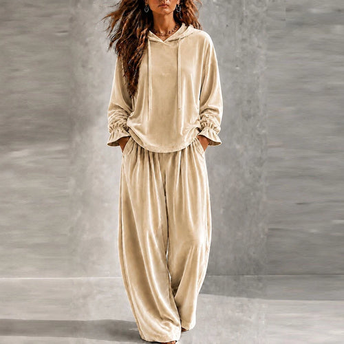 Autumn Winter Long Sleeve Velvet Hoodies Sweatshirt High Waist Pocket Pants Suit Women Casual Two Piece Set Female Tracksuit