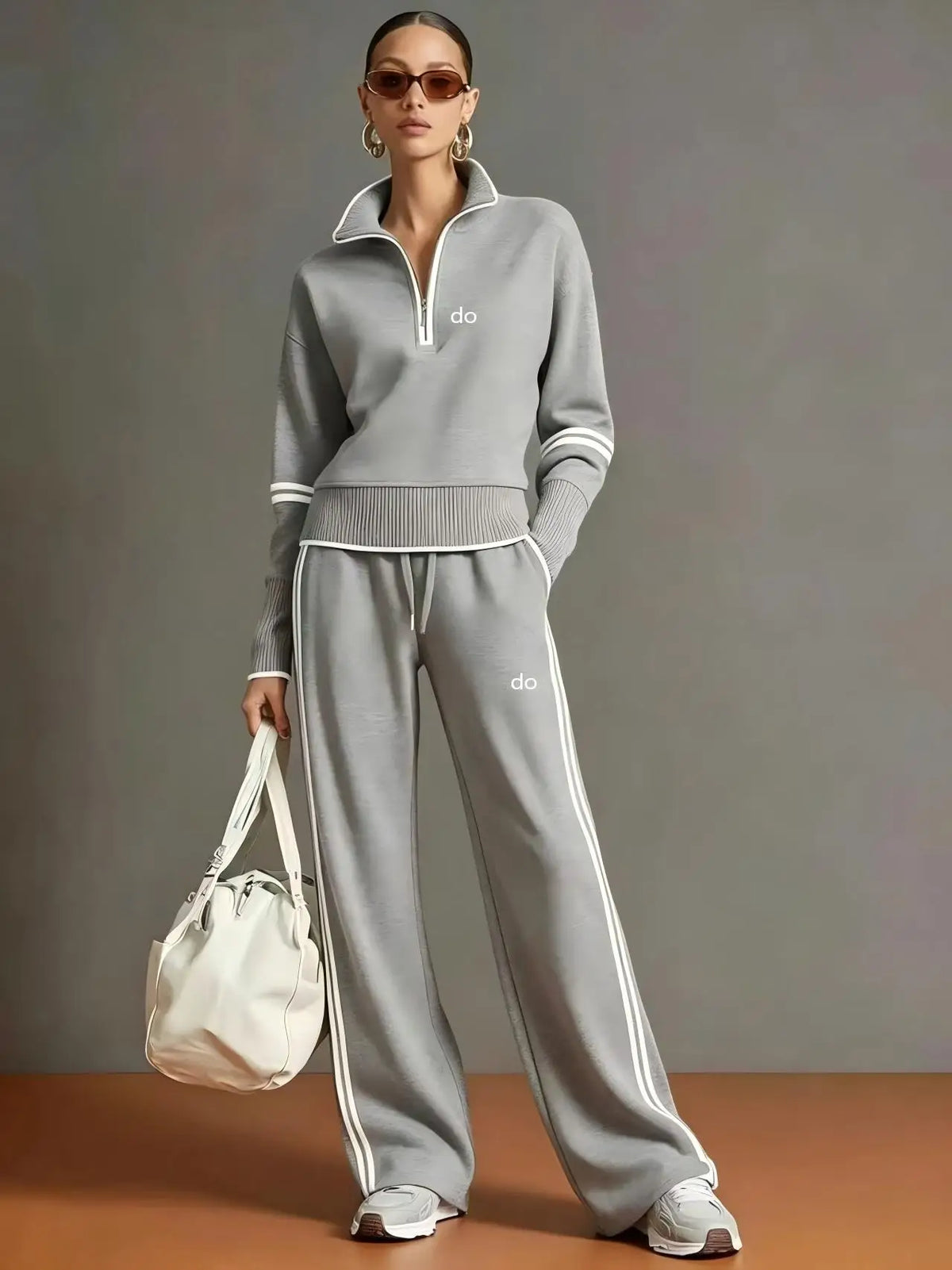 2026 Women's Casual Sports Set - European and American Fashion Color Contrast Stand up Hoodie - Wide Leg Pants Two Piece Set