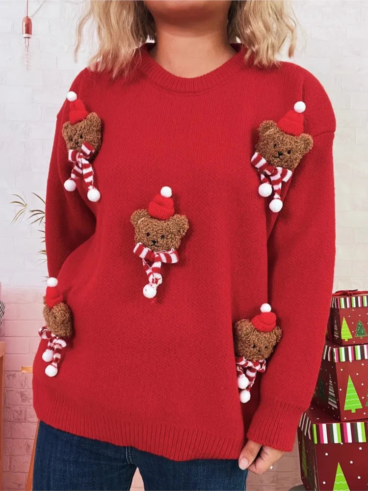 Christmas Sweet Three-dimensional Bear Sweater Autumn Winter Round-neck Warm Casual Long-sleeved Sweater Women's Versatile Tops