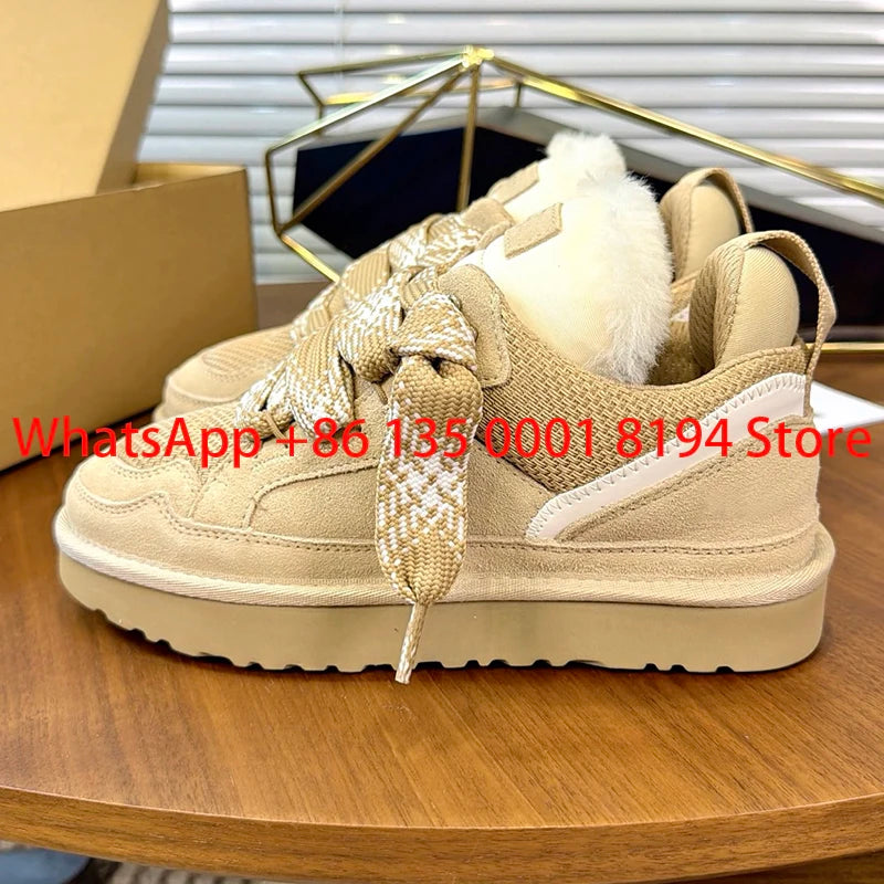Lowmel Sneakers 2026 New Winter Warm Wool Women's Boots Fashionable Flat Bottom Genuine Leather and Fur Snow Boots