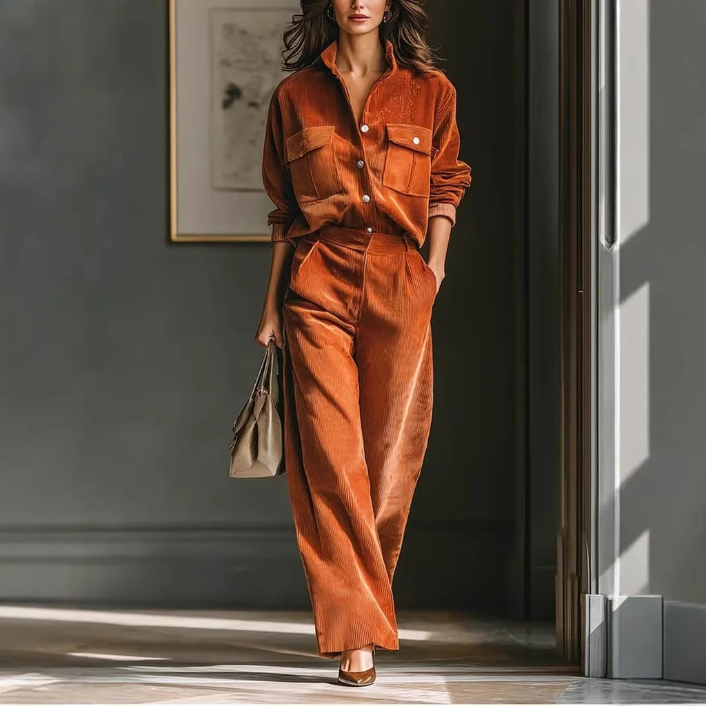 Women's Solid Color Casual Two-piece Set Autumn Retro Fashion Pocket Corduroy Long-sleeved Shirt Wide-leg Pants Commuting Sets
