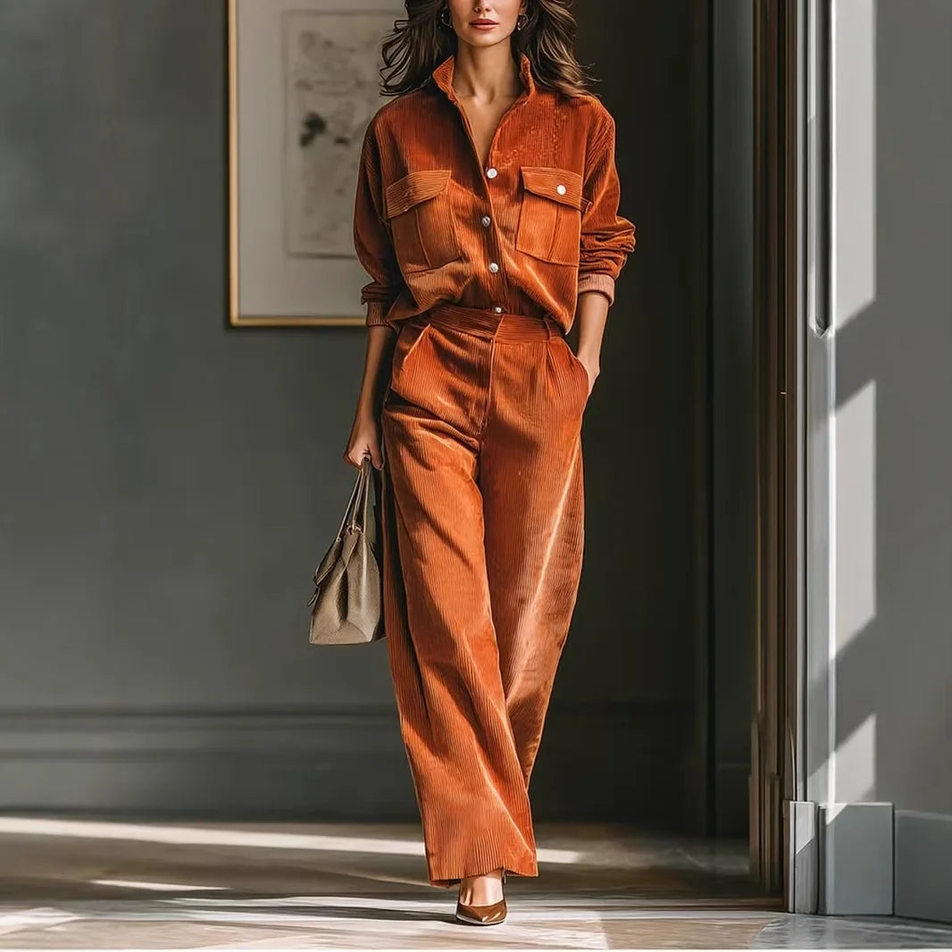 Women's Solid Color Casual Two-piece Set Autumn Retro Fashion Pocket Corduroy Long-sleeved Shirt Wide-leg Pants Commuting Sets