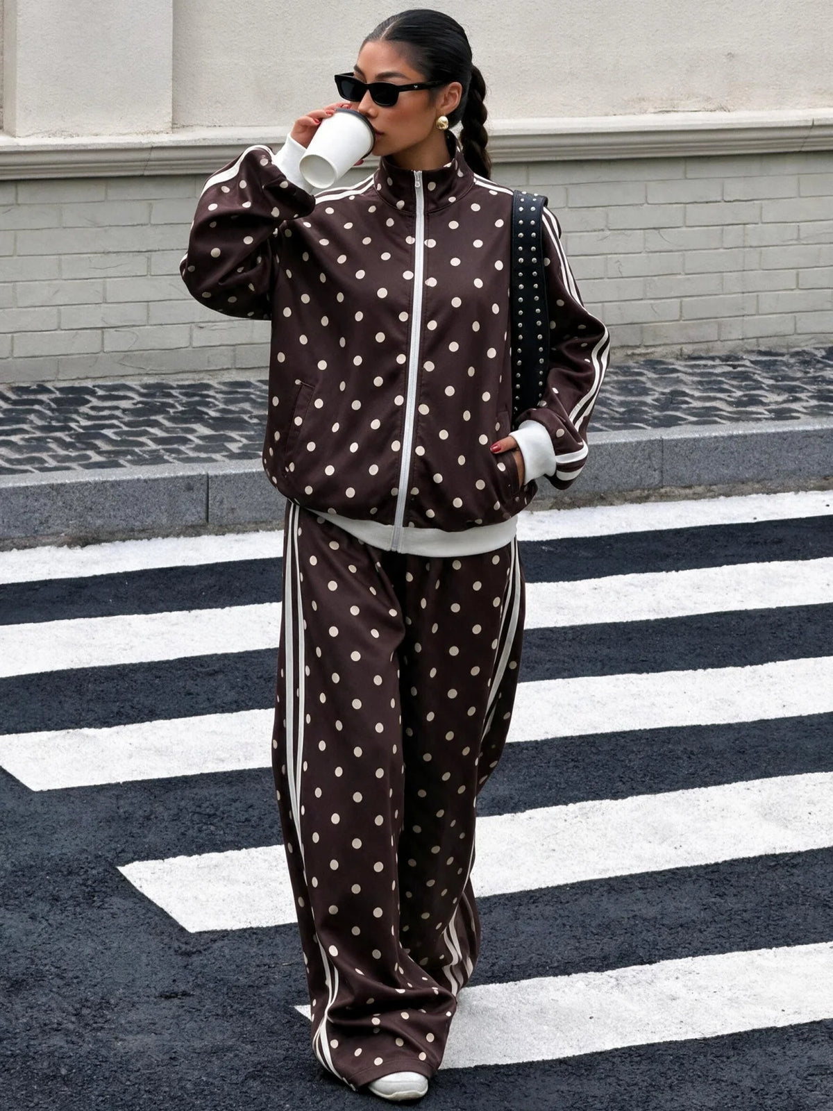 Women Polka Dot Zip Up Jacket & Wide Leg Pants 2 Piece Set, Autumn Winter Striped Side Casual Sport Tracksuit Loungewear Outfit