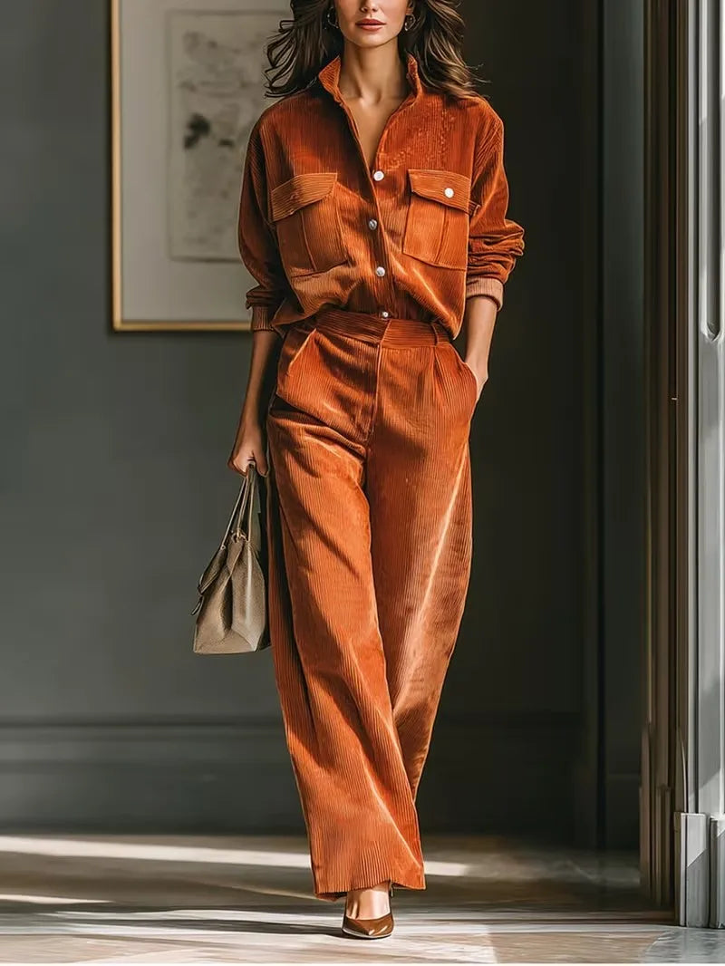 Women's Solid Color Casual Two-piece Set Autumn Retro Fashion Pocket Corduroy Long-sleeved Shirt Wide-leg Pants Commuting Sets