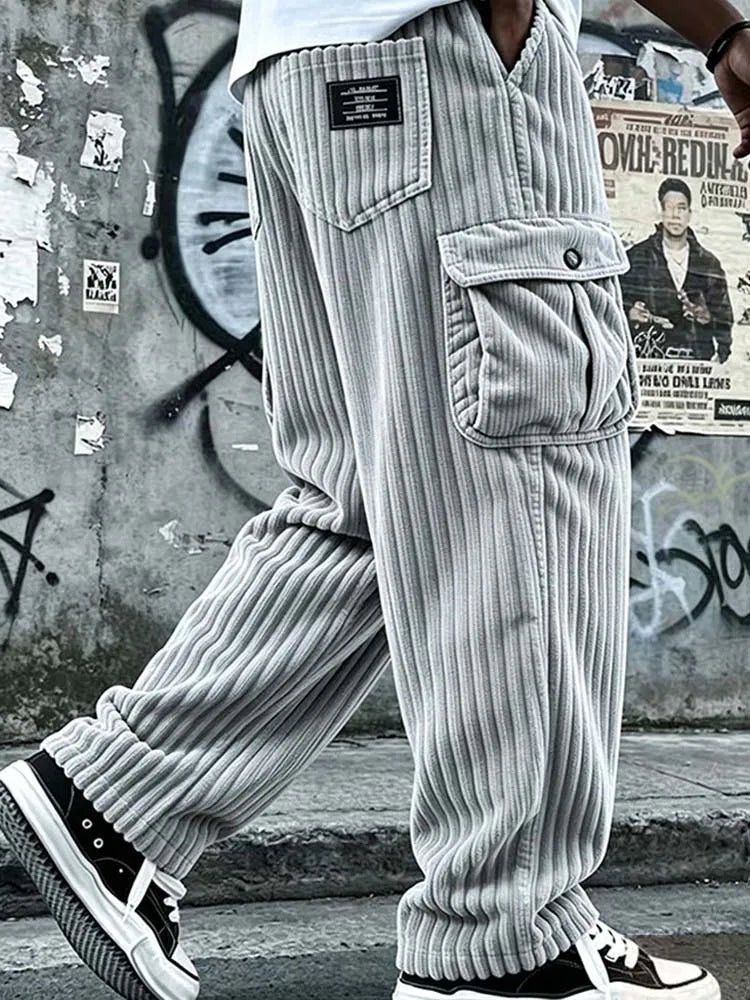 New Cargo Pants for Men Retro Style Men's Corduroy Cargo Pants with Multiple Pockets Mid-rise Solid Color Trousers for Wear Long
