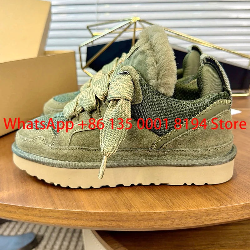 Lowmel Sneakers 2026 New Winter Warm Wool Women's Boots Fashionable Flat Bottom Genuine Leather and Fur Snow Boots