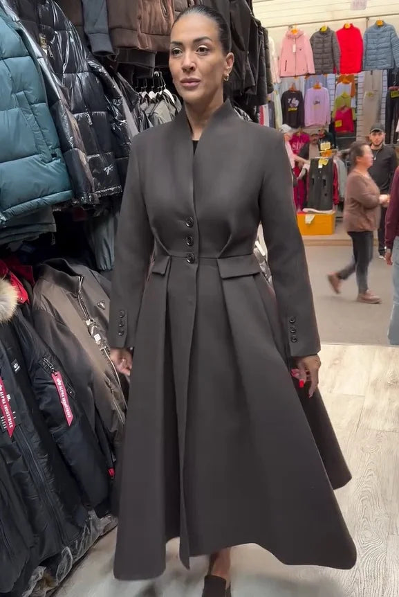 Women Long Fitted Waist Faux Wool Blend Coat Long Sleeve Single Breasted A Line Swing Hem Overcoats 2026 Winter Vintage Coats