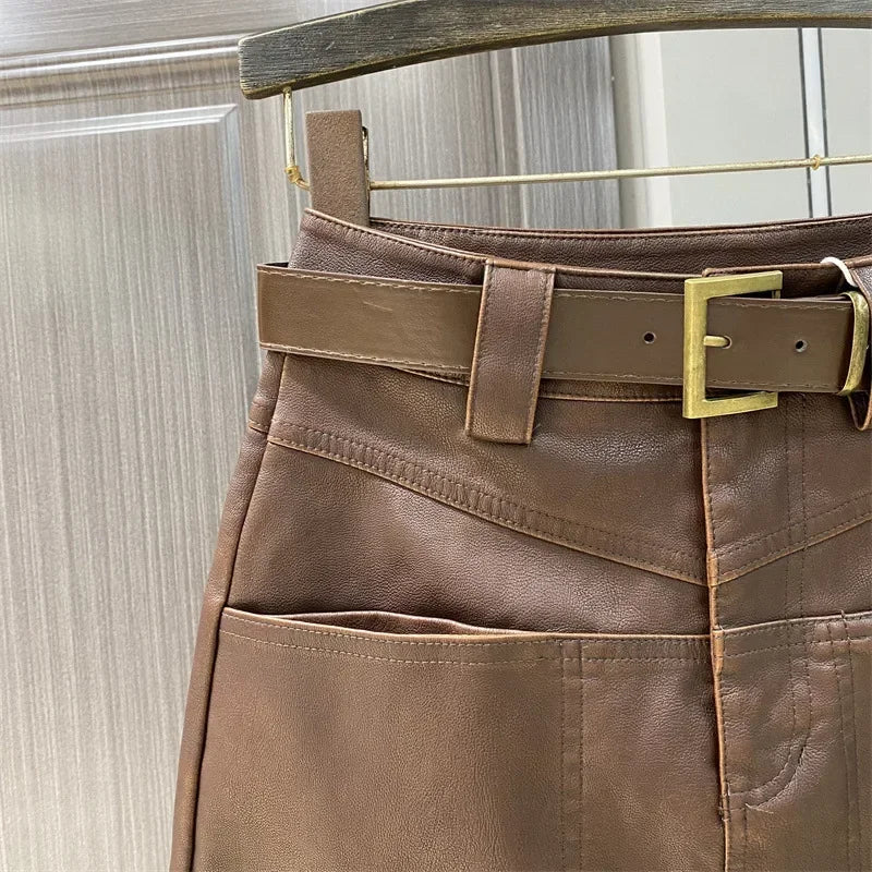 High waisted leather  half body women's autumn  winter new A-line  retro PU leather short skirt, coffee  leather skirt