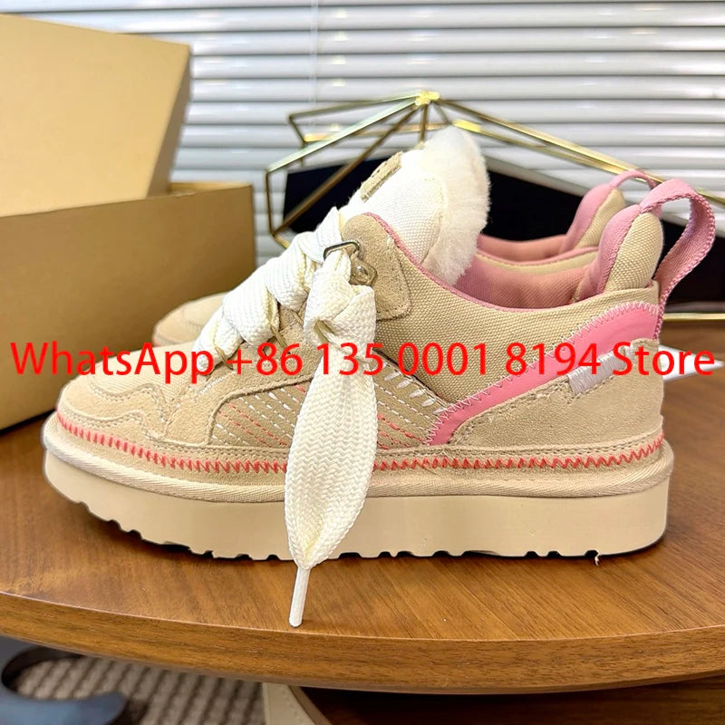 Lowmel Sneakers 2026 New Winter Warm Wool Women's Boots Fashionable Flat Bottom Genuine Leather and Fur Snow Boots