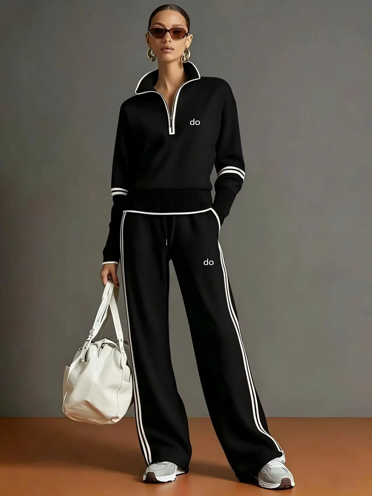 2026 Women's Casual Sports Set - European and American Fashion Color Contrast Stand up Hoodie - Wide Leg Pants Two Piece Set