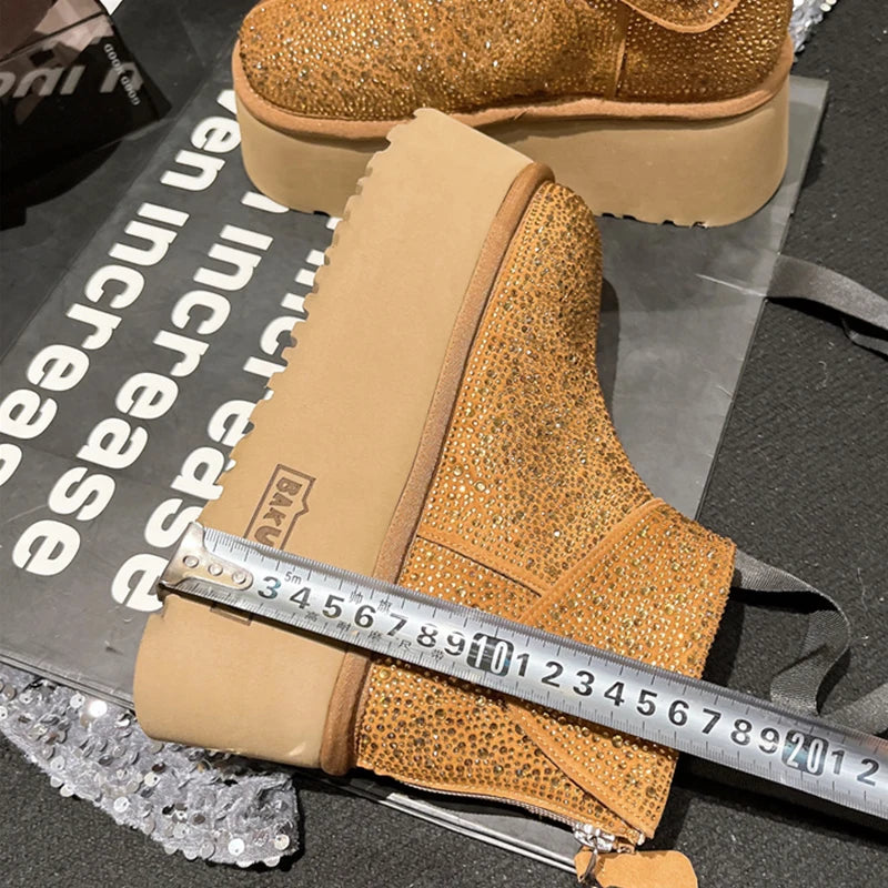 Women's Winter Boots Design Fashion Rhinestone Lapel Suede Brown Ankle Boots Plush Platform Non-slip Casual Winter Shoes Woman