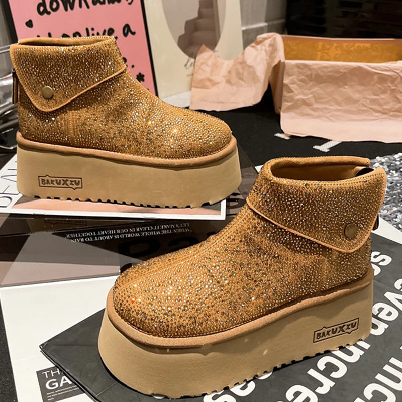 Women's Winter Boots Design Fashion Rhinestone Lapel Suede Brown Ankle Boots Plush Platform Non-slip Casual Winter Shoes Woman