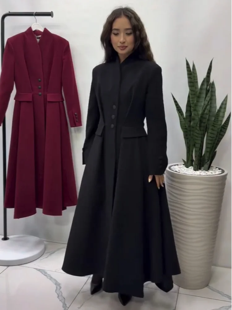 Women Long Fitted Waist Faux Wool Blend Coat Long Sleeve Single Breasted A Line Swing Hem Overcoats 2026 Winter Vintage Coats