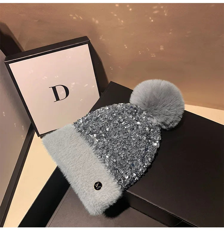 Winter Warm Knitted Hat Autumn/Winter Korean Versatile Glitter Sweet and Cute Dome Ear Protector Knitted Hat
