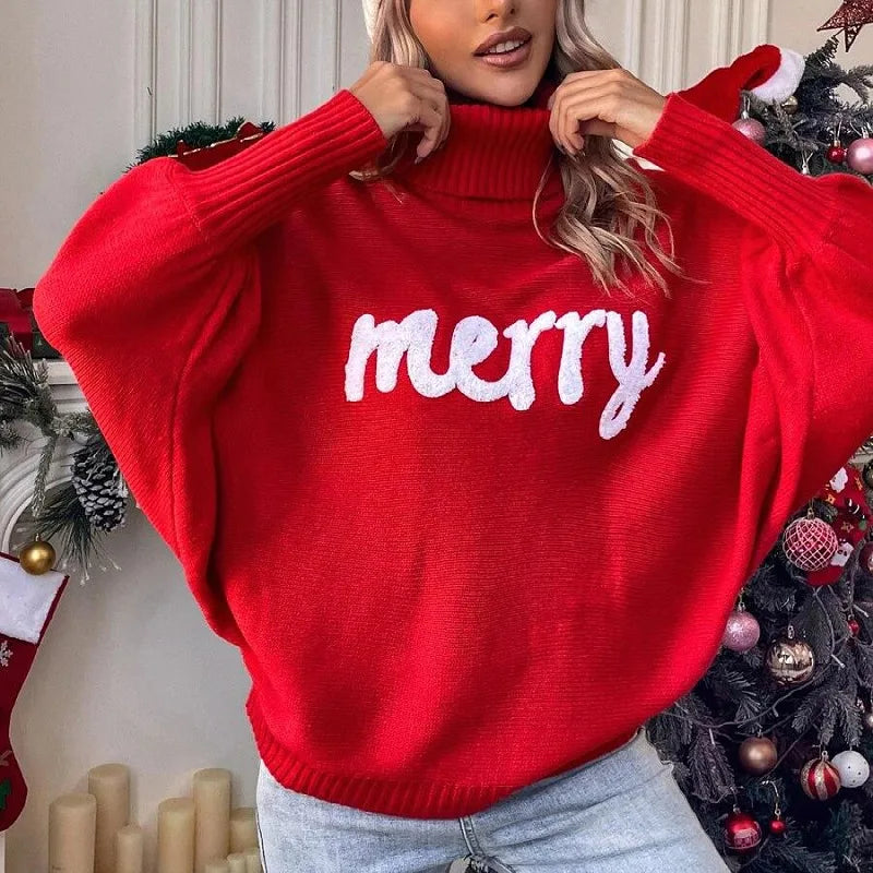 Women Christmas Letter Print Turtleneck Sweater Bat Sleeve Oversized Loose Knit Pullover Casual Autumn Winter Holiday Jumper