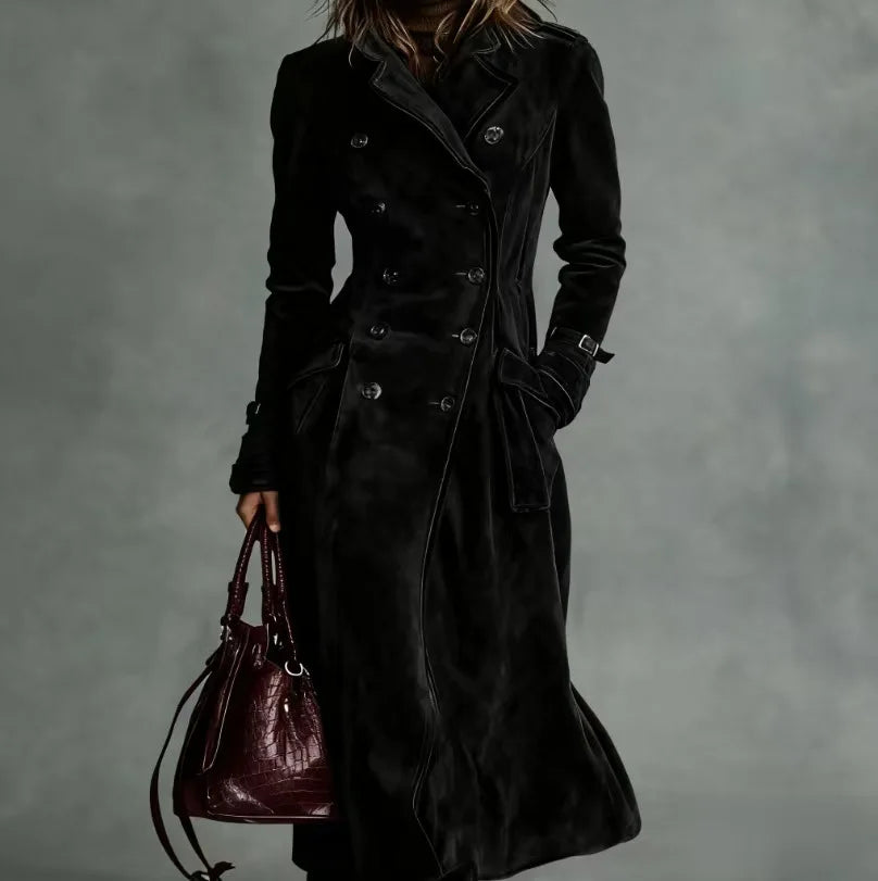 Women's Fashion Lapel Collar Pockets Long Jackets Elegant Buttons Solid Velvet Outercoats Vintage Long Sleeve Windbreaker Coats