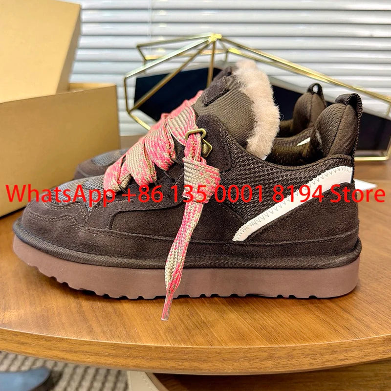 Lowmel Sneakers 2026 New Winter Warm Wool Women's Boots Fashionable Flat Bottom Genuine Leather and Fur Snow Boots