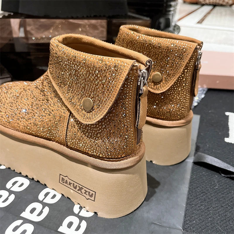 Women's Winter Boots Design Fashion Rhinestone Lapel Suede Brown Ankle Boots Plush Platform Non-slip Casual Winter Shoes Woman