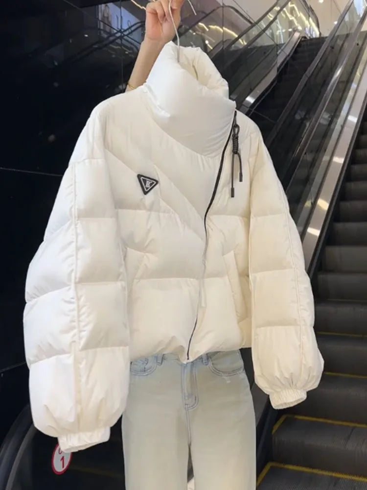 New Cotton Women Winter Warm Short Puff Jacket Korean Design Irregular Cotton Coat Trend Loose Thicken Parkas Tide Black White