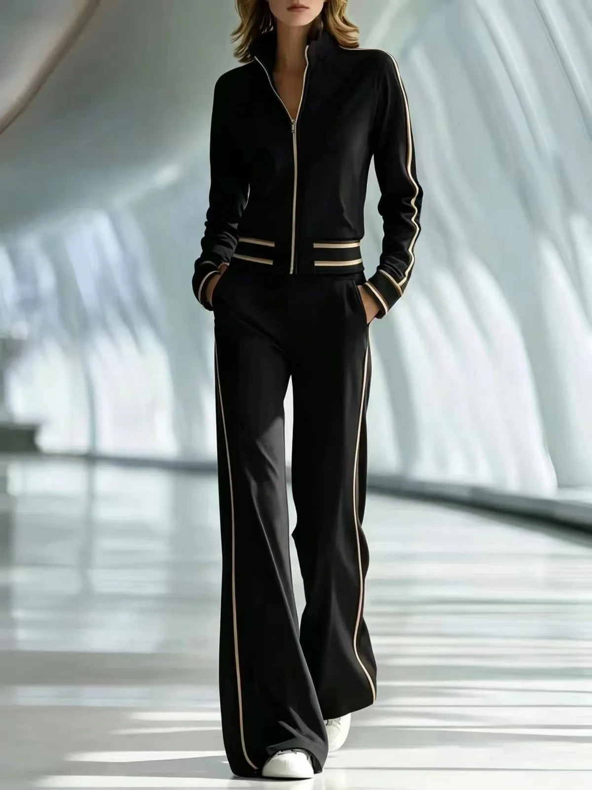 Fall Pocket 2-Piece Suit Women's Retro Stripes Zip Bomber Jacket+High Waist Women's Wide Leg Pants Set Street Sportswear Outfits