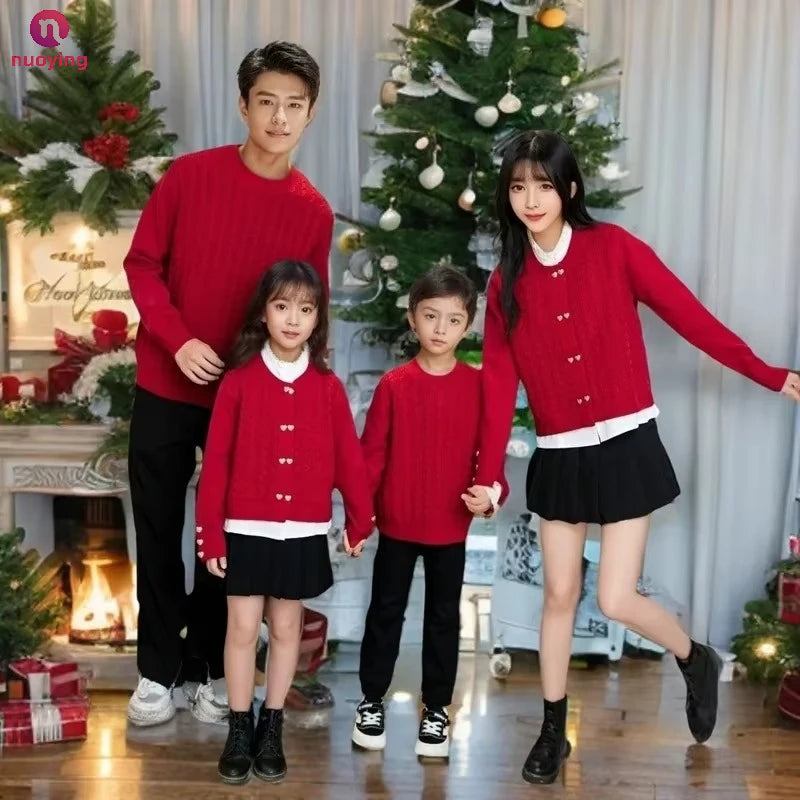 Family Matching Christmas Sweater, Mom Daughter Knit Cardigan Dad Son Pullover, Red Parent-child Couple Outfits for Winter New Year