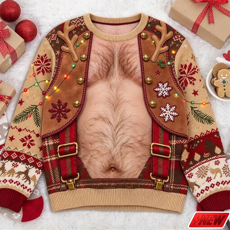 Xmas Sweatshirt Men Funny Cosplay 3D Print Fake Sweater Knit Reindeer Snowflake Pattern Festive Gift New Long Sleeve Sweatshirt