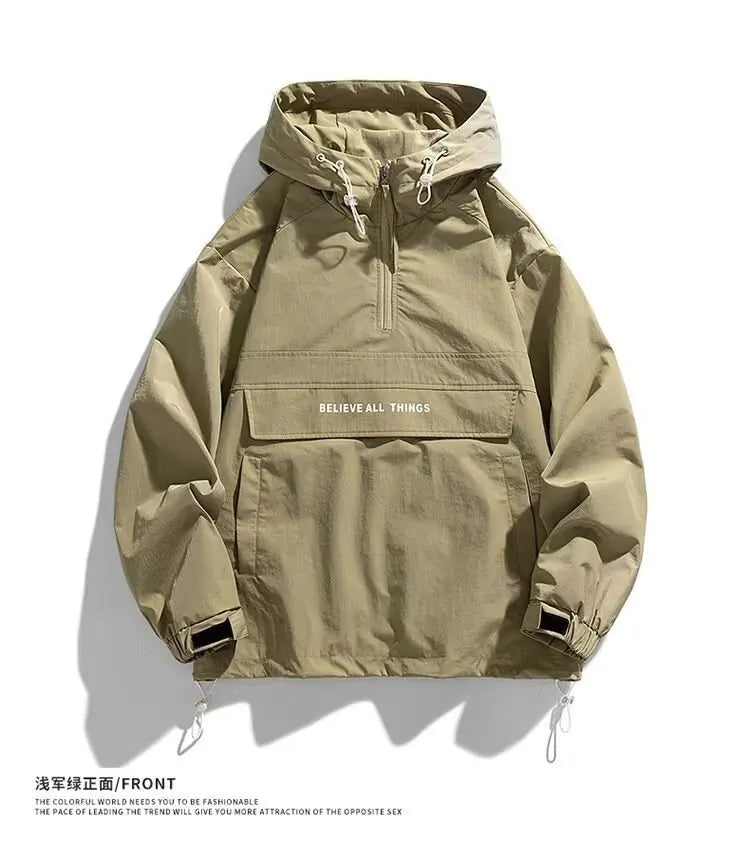 Hooded Pullover Jacket Men's Casual Windbreaker Jacket with Multiple Pockets Outdoor Sports Jacket Half Zip Hooded Hard Shell